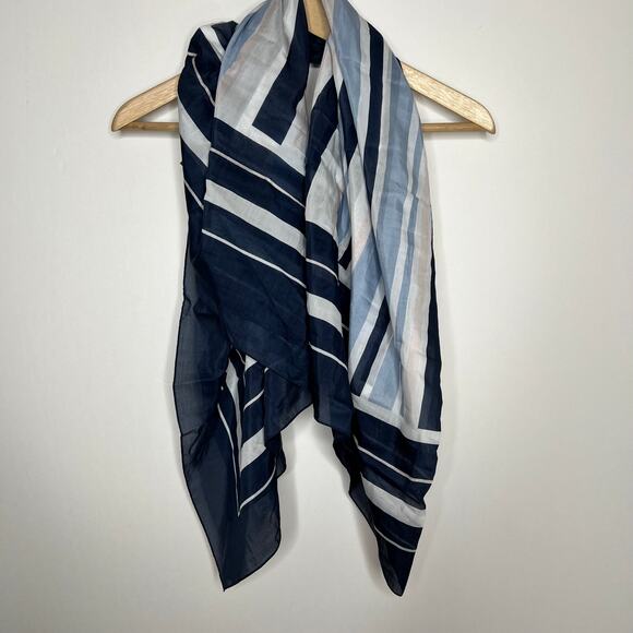 Cuyana Large Navy Blue Light Blue Pink Grey Striped Cotton/Silk Scarf Italy - Picture 4 of 10